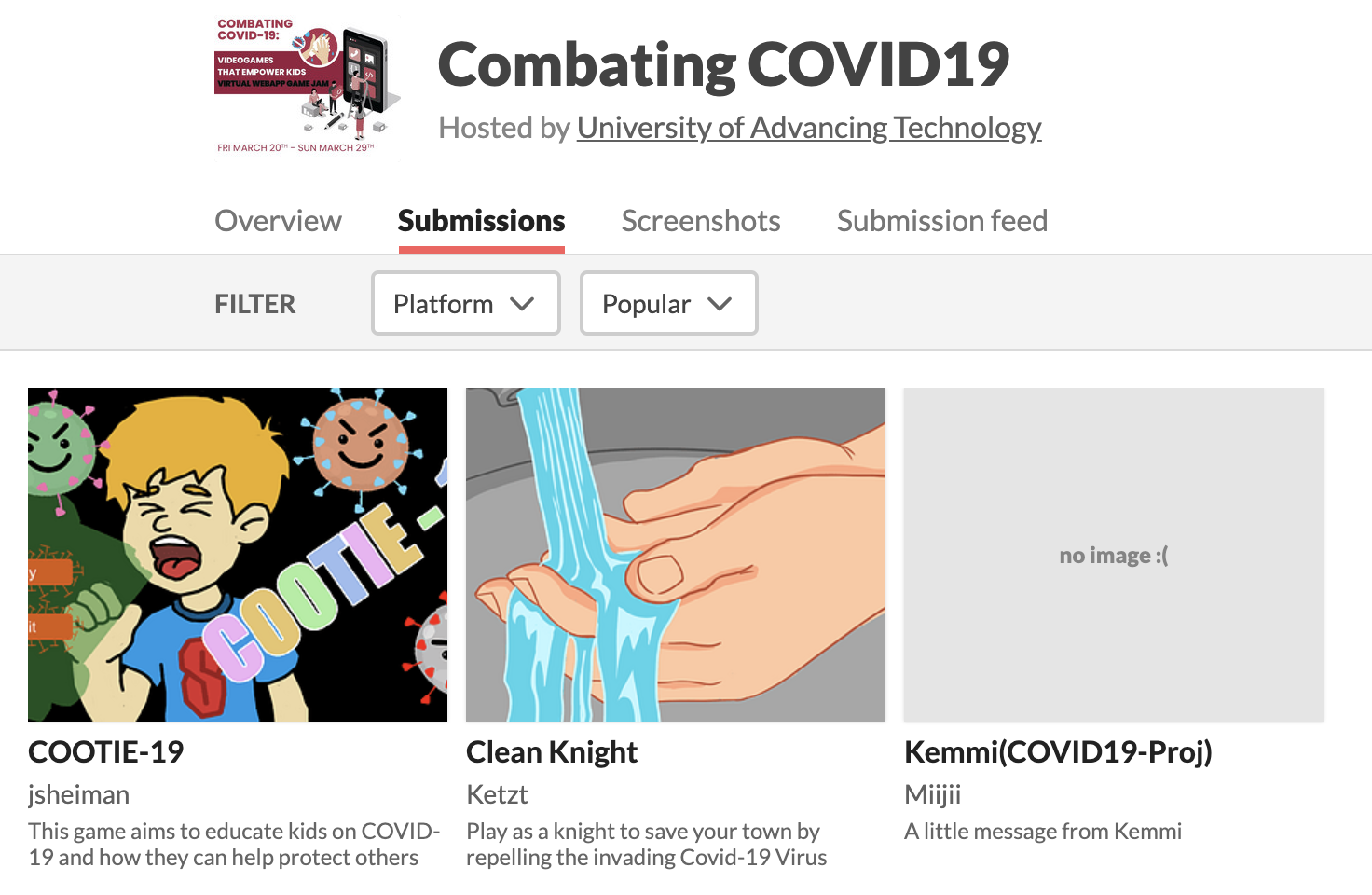 CovidJam itch.io page